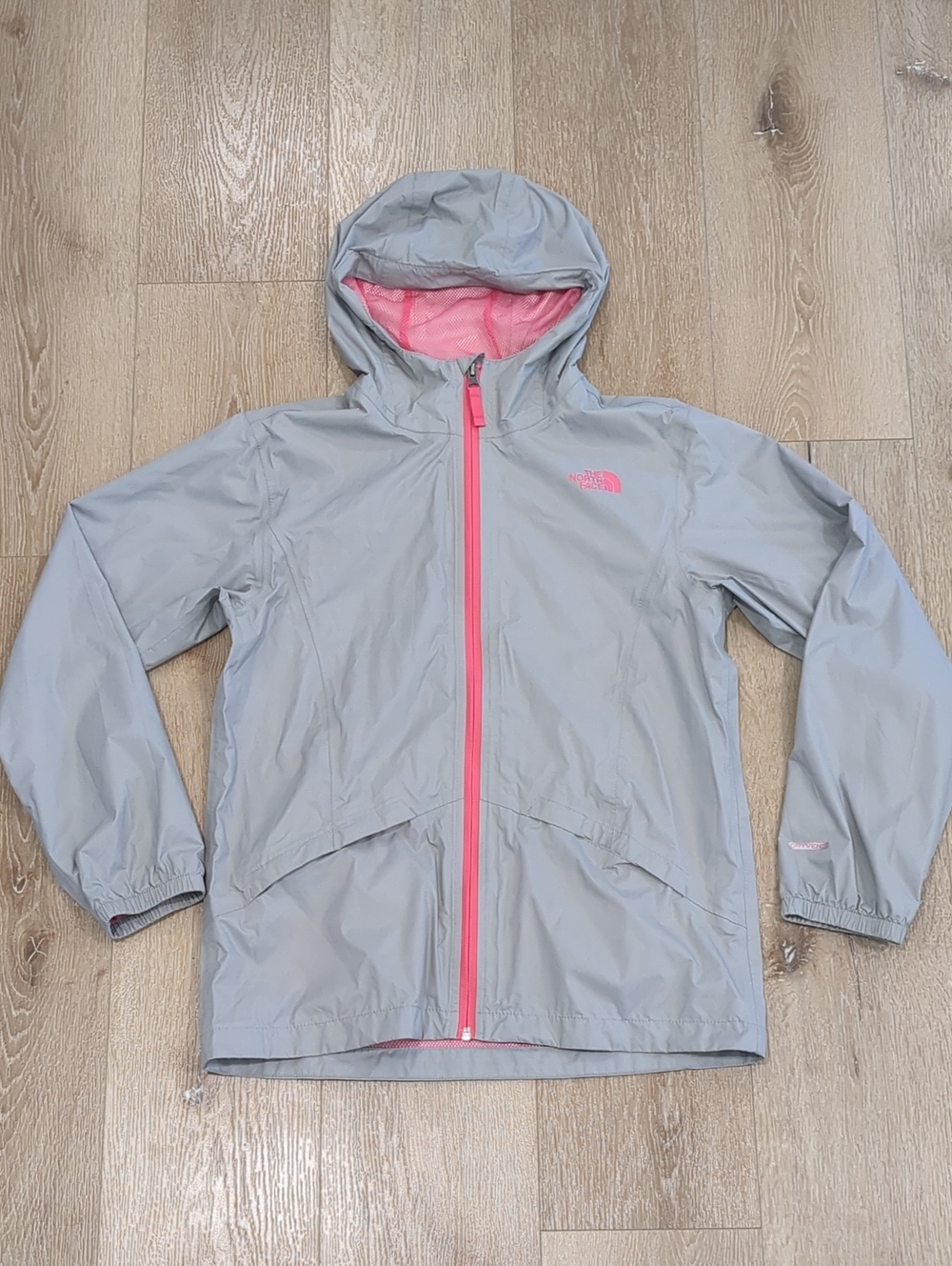 North Face Girls XL Dryvent Hooded Taupe Jacket With Coral Zipper